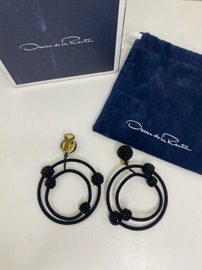 Oscar de la Renta Black Beaded Double Hoop Clip-On Earrings